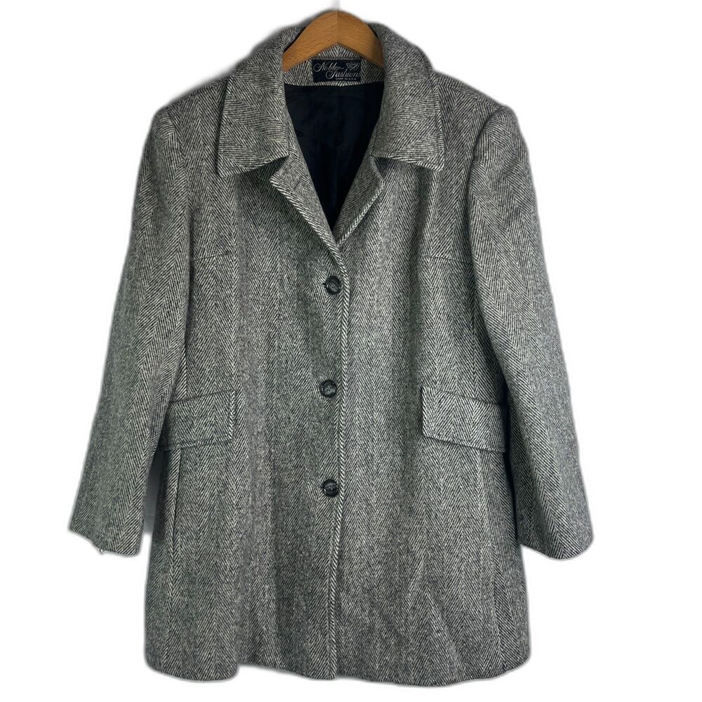 Noble‎ Fashions Vintage Herringbone Wool Coat 3 Button Lined Women's Size LG